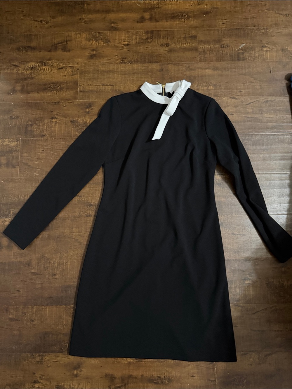 Calvin Klein Black Long-Sleeve Shift Dress with White Neck Tie